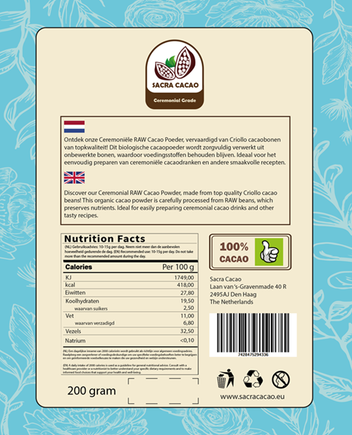 Raw Cacao Paste Criollo Powder Peru Ceremonial Grade, 200 gram
